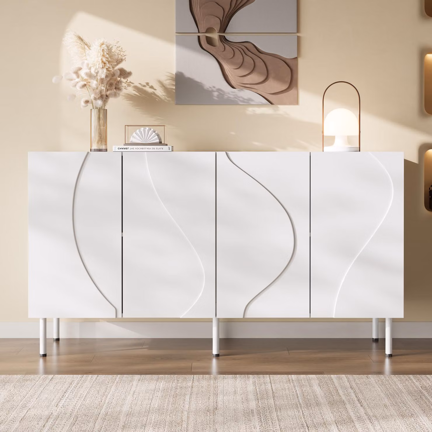 Credenza Merax con ante curve 3D, mobile contenitore con apertura a pressione, mobile da salotto con piedini in metallo, in PB e MDF, bianco