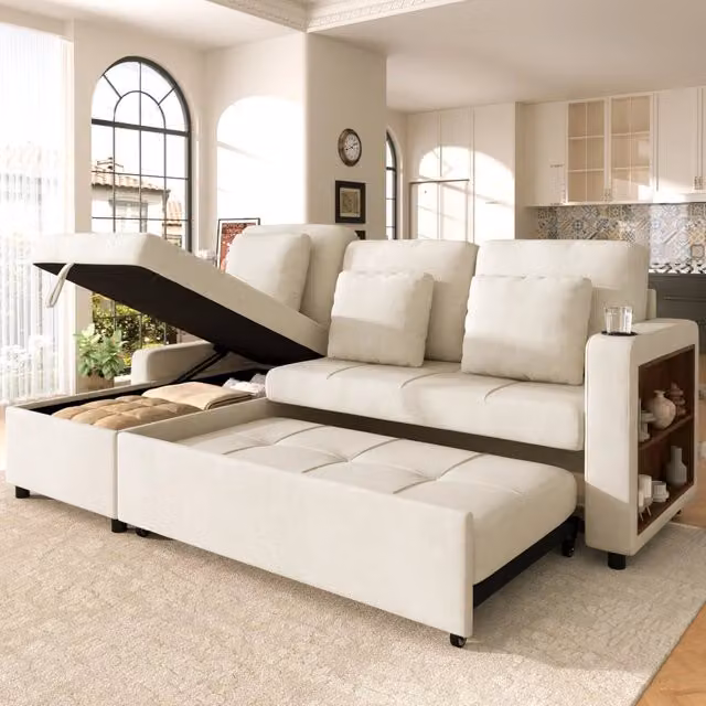 Divano letto Mivray a 3 posti estraibile con récamiere in ciniglia beige chiaro e vano contenitore H: 86,1 cm, L: 201,3 cm, P: 126,1 cm