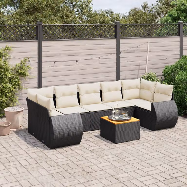 vidaXL Set Divani da Giardino a L con Cuscini 8 pz Nero in Polyrattan e Legno di Acacia