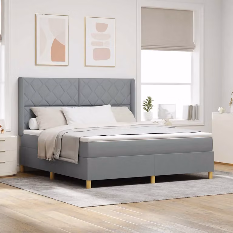 Letto a molle con testiera vidaXL in tessuto grigio con dettagli oro, L/P/H: 180 x 200 x 128 cm