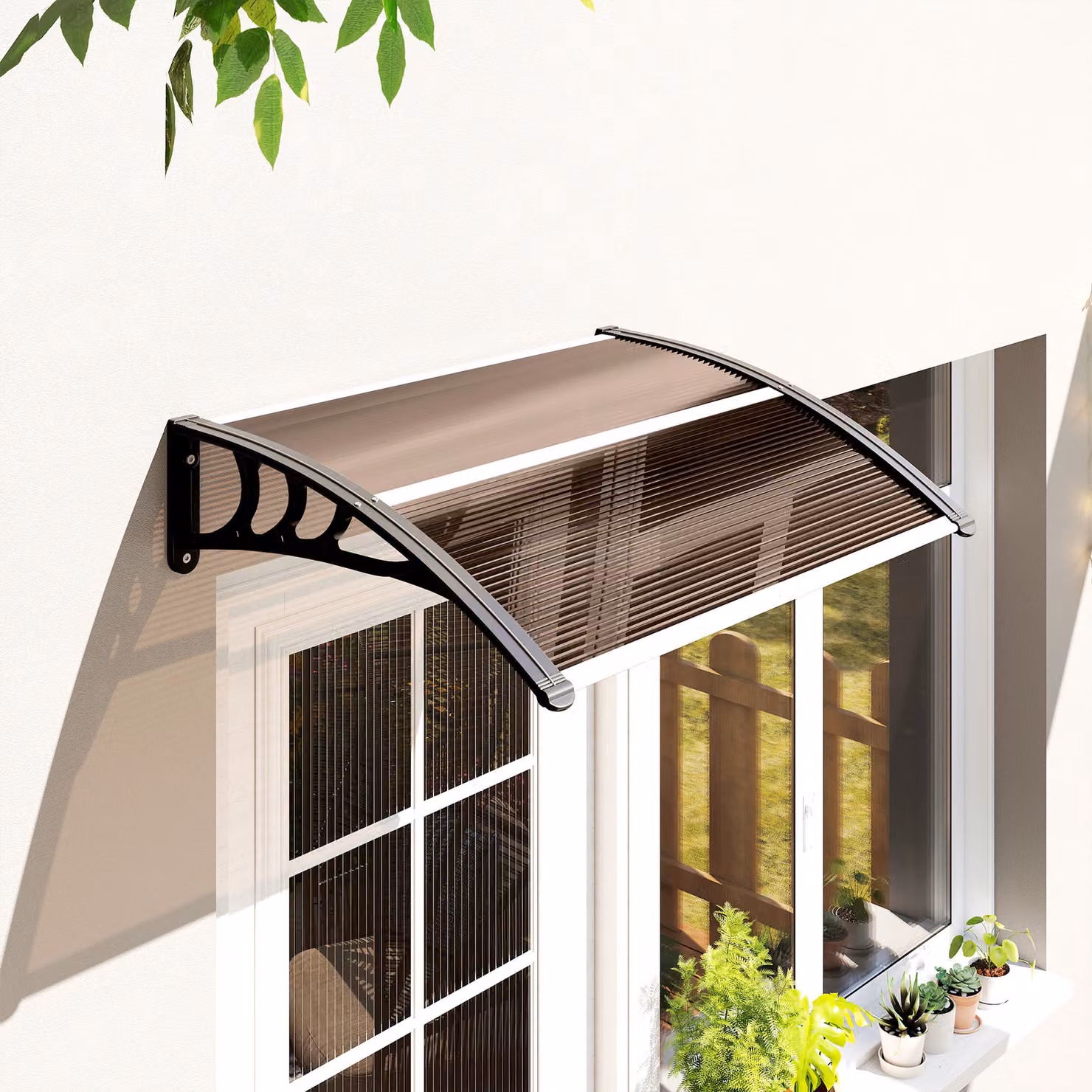 Pensilina da esterni Outsunny impermeabile e anti-UV in policarbonato e alluminio, Marrone e Nero, L: 120 cm, P: 75 cm, H: 23 cm – 2