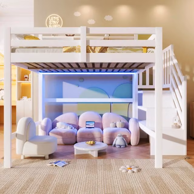 Letto a soppalco per bambini 140 × 200 cm con LED, scala contenitore e vani aperti, senza materasso, bianco