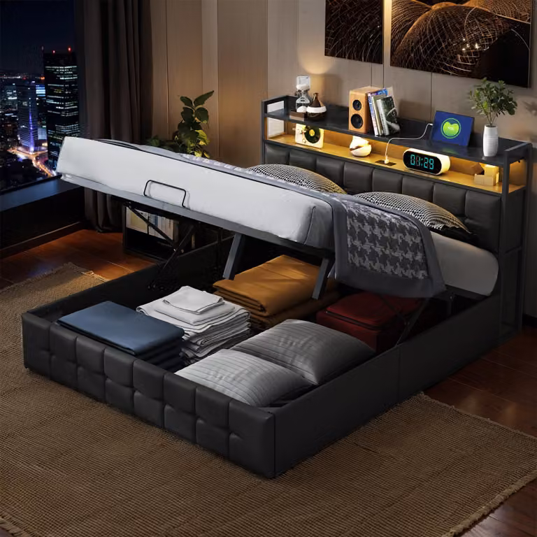 Letto imbottito UnboxG 140x190 cm, illuminazione del letto a LED RGB, spazio di archiviazione idraulico, porta di ricarica USB e Type-C, PU, nero