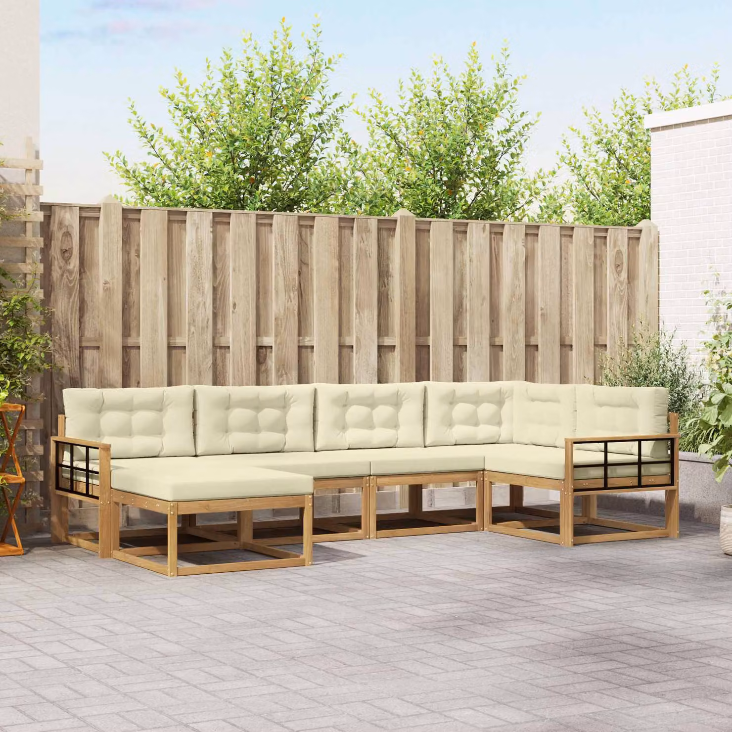 Set di divani da esterno vidaXL a forma di L in legno di acacia con cuscini, bianco, beige e marrone