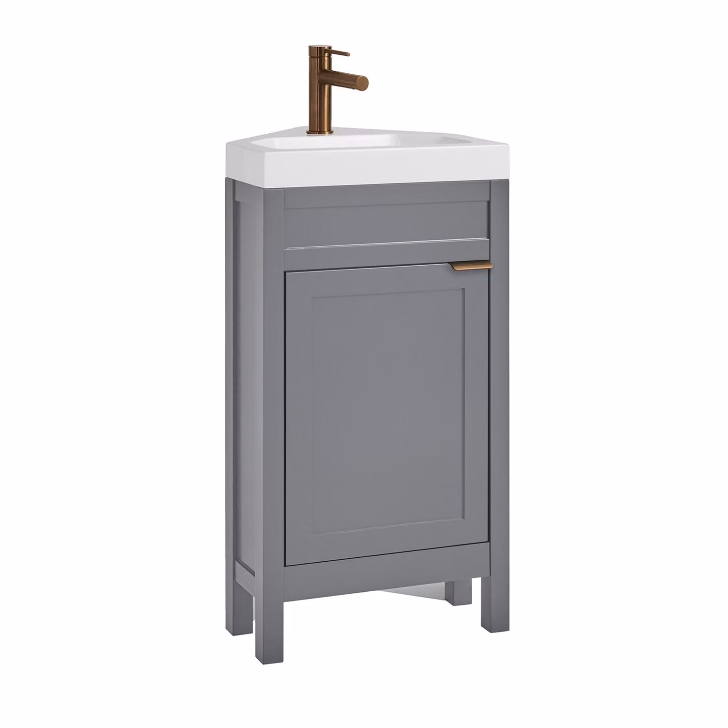 Mobile Bagno Angolare Grigio Chiaro da 450mm con Lavabo e Maniglia Moderna con Impugnatura a Dito in Rame Satinato - Warwick