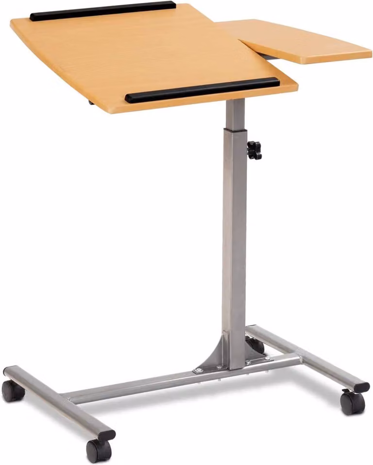 Tavolino per laptop con rotelle, regolabile in altezza e inclinabile, tavolino ausiliario per notebook, 2 listelli di arresto, tavolino da cura/da letto con ripiano per il mouse, 64 x 45 x 93 cm