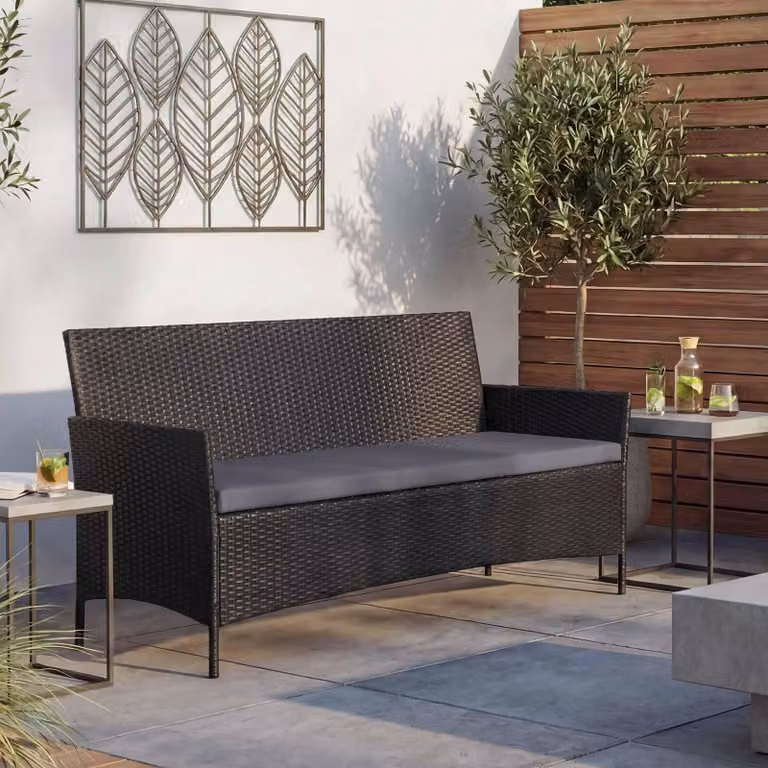 panchina da giardino a 3 posti in poly-rattan Halden, panca ~ antracite, cuscini antracite