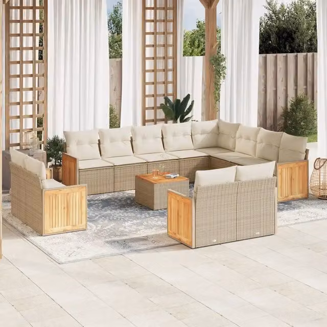 Set Divano da Giardino a Forma di U vidaXL in Polyrattan Beige con 13 Pezzi e Cuscini Inclusi – 1