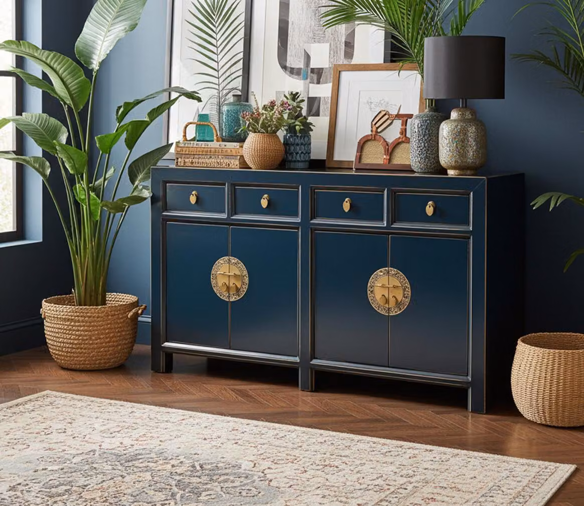 Credenza cassettiera credenza buffet Asia mobili in legno blu scuro stile cinese asiatico vintage completamente assemblati