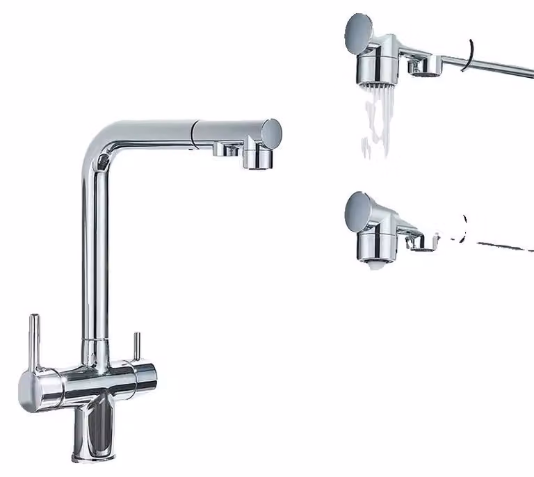 Filtro per l'acqua da installare sul rubinetto della cucina, con erogatore estraibile, due manopole e finitura cromata