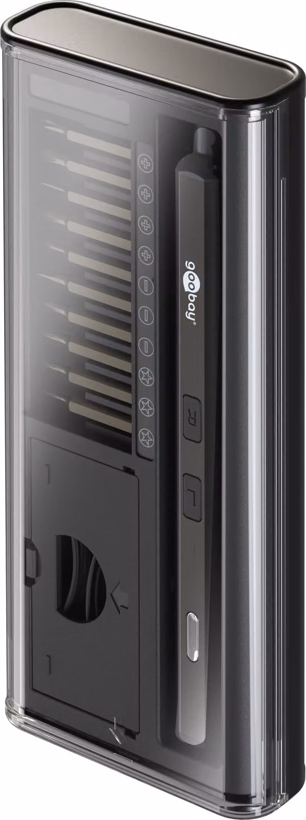Goobay 77838 Cacciavite elettrico con set di 20 punte di precisione, nero, 0,3 m - Set di utensili per lavori di precisione di avvitatura, montaggio e fai da te