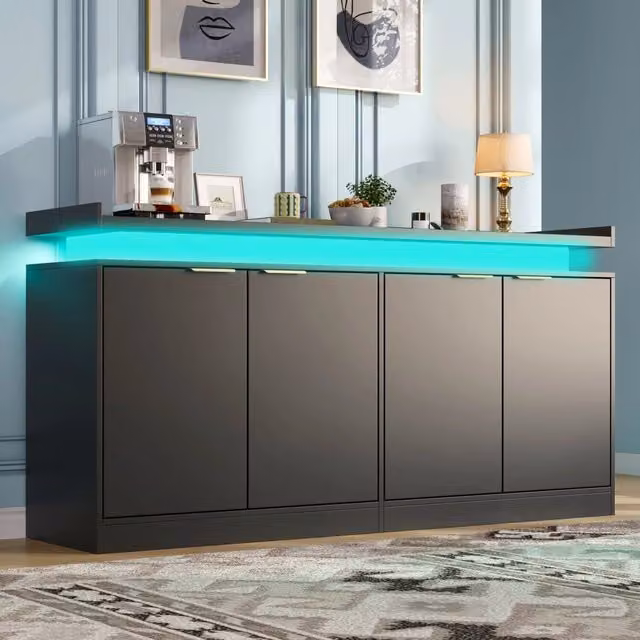 Credenza da cucina minimalista in MDF nero con illuminazione LED RGB L: 160 cm, P: 39 cm, H: 83 cm