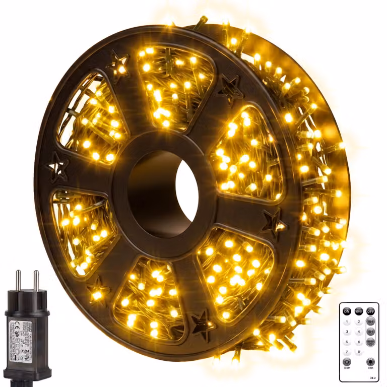 Catena luminosa da 50 metri, con 500 LED, luce bianco caldo, grado di protezione IP44, 8 modalità, timer