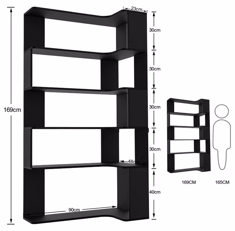 Libreria angolare a 5 ripiani - Libreria a forma di L - 5 ripiani - Materiale: legno - Da montare - Colore: nero - Dimensioni: 90 x 64,8 x 169 cm