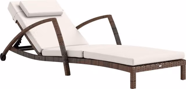 Outsunny Lettino da sole chaise longue in polyrattan con schienale regolabile, braccioli, ruote e cuscino beige e marrone