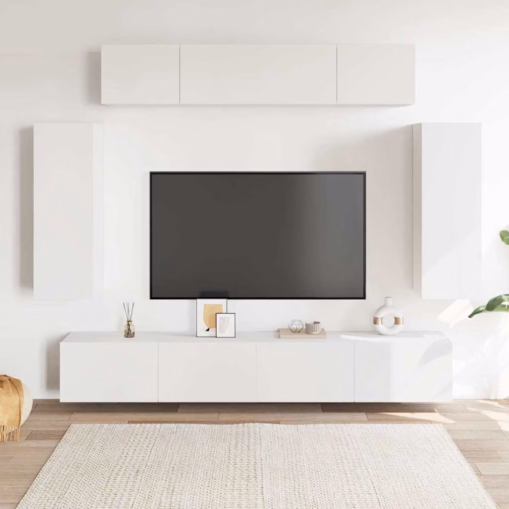 Set di mobili porta TV vidaXL composto da 6 pezzi in legno e MDF, colore bianco opaco, ideale per il tuo soggiorno moderno