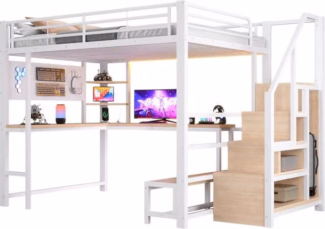 Letto a soppalco matrimoniale bianco con scrivania, porte USB e Type-C, illuminazione LED, ripiani e scala contenitore, L/P: 140 x 200 cm