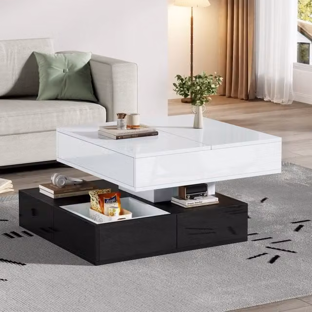 Tavolino basso alzabile con piano girevole 360° e 3 cassetti in truciolare bianco e nero 70 × 70 × 40 cm