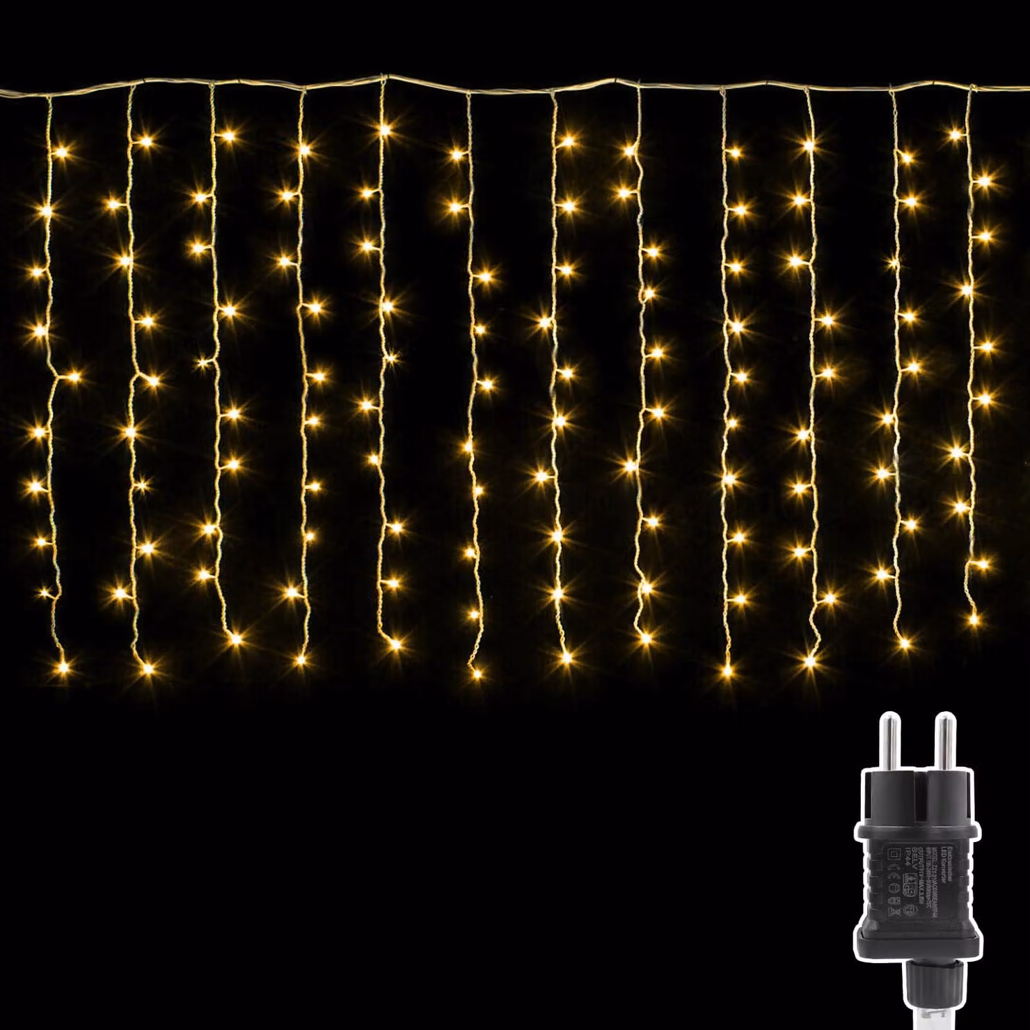 Tenda luminosa, dimensioni 4x1 metro, 200 LED, luce calda, grado di protezione IP44, timer, 8 modalità
