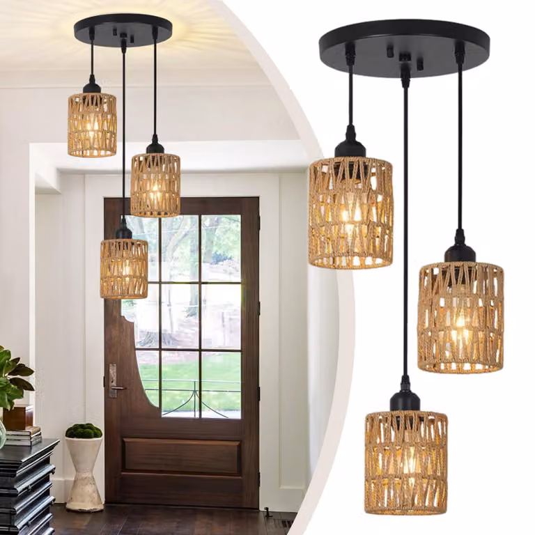 Lampada a sospensione con 3 paralumi in rattan, attacco E26, colore nero, regolabile, cavo da 120 cm