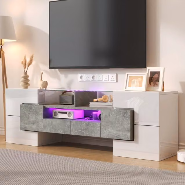 TV-Schrank LED 145 cm Bianco Lucido con 6 Porte; 2 Cassetti e 3 Scomparti