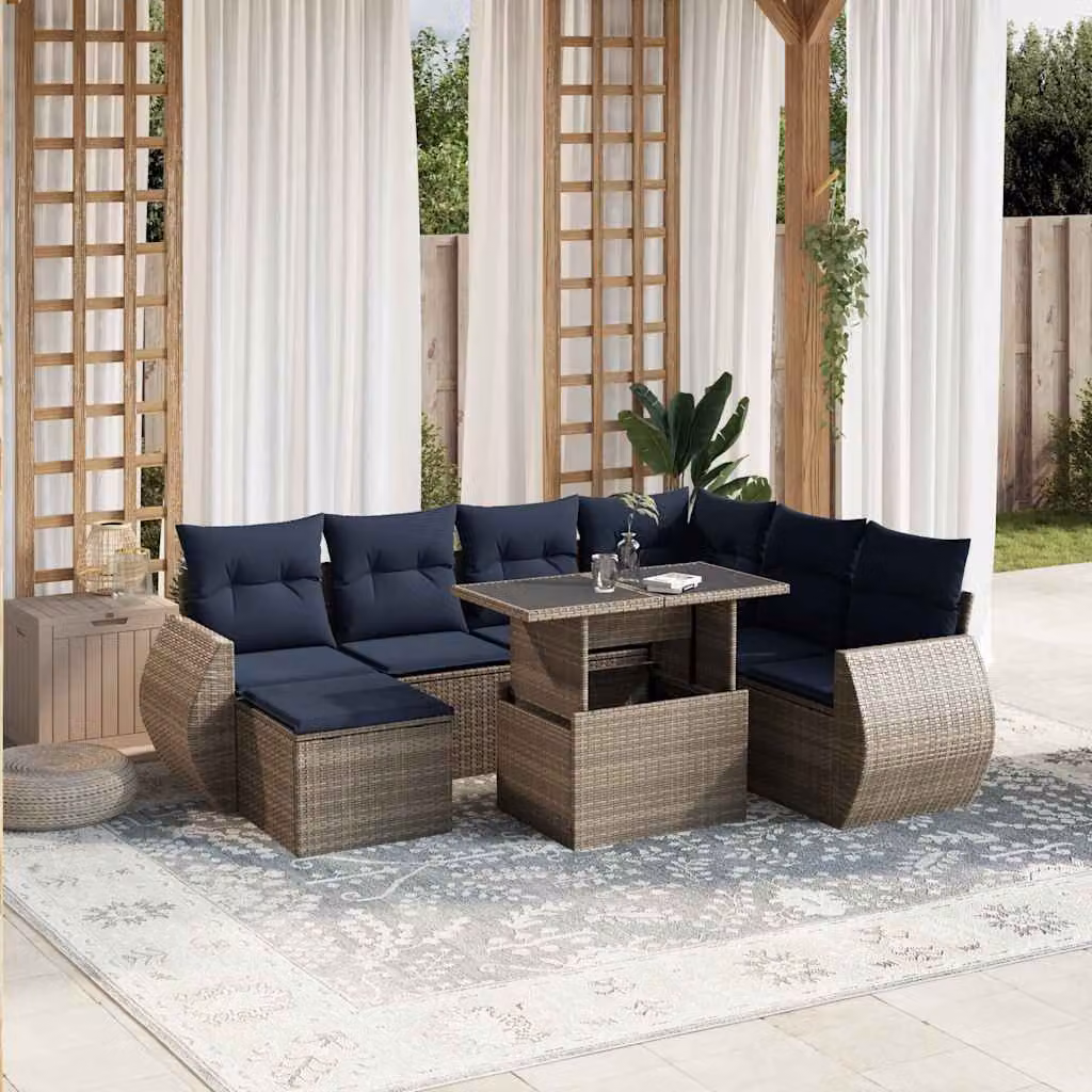 Set da giardino vidaXL in polyrattan composto da 8 pezzi con cuscini grigi e blu per esterno