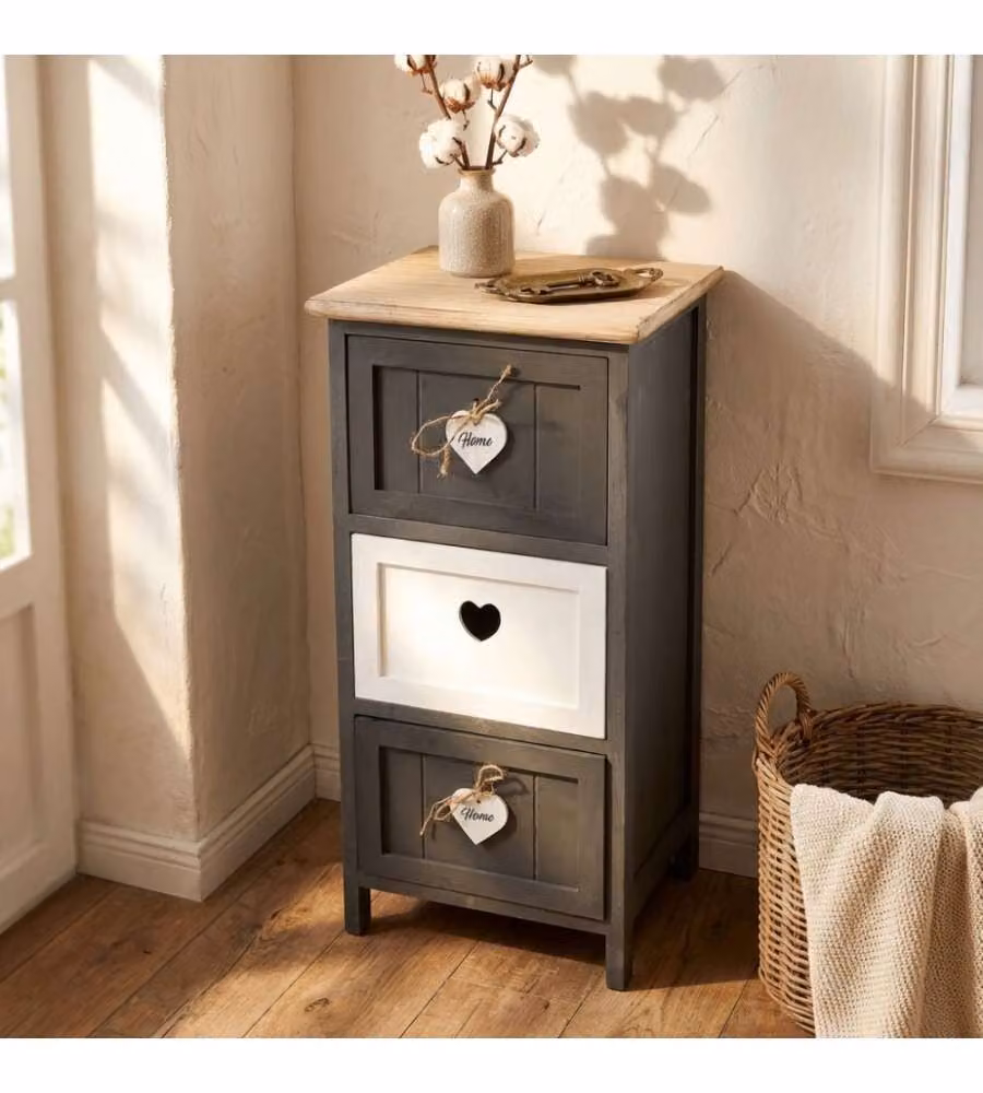 Mobiletto Cosma con 3 Cassetti in Legno Grigio Stile Shabby Chic L: 30 cm, P: 27,5 cm, H: 63 cm