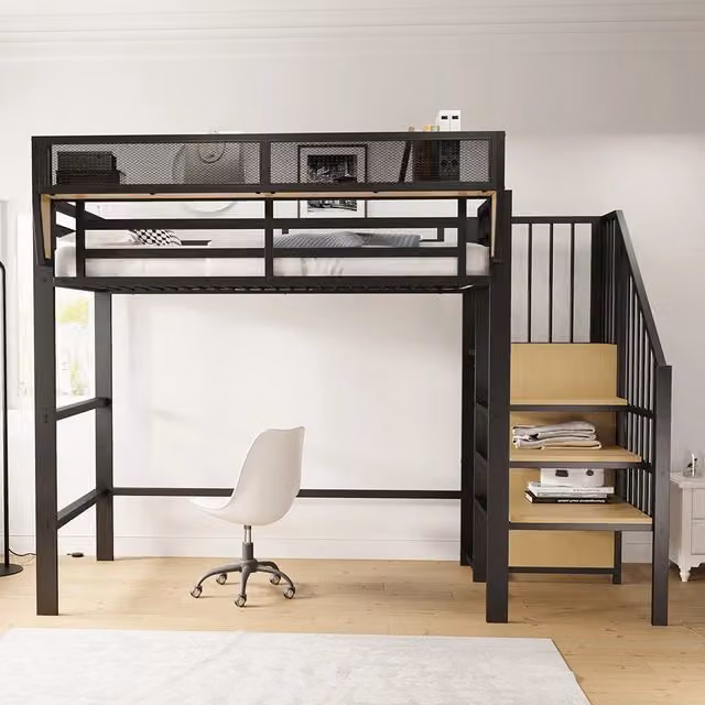 Letto a Castello 90x200 – Xylo – Metallo per Adulti/Bambini, Scala Sicurezza, Ripostiglio Flessibile, Nero