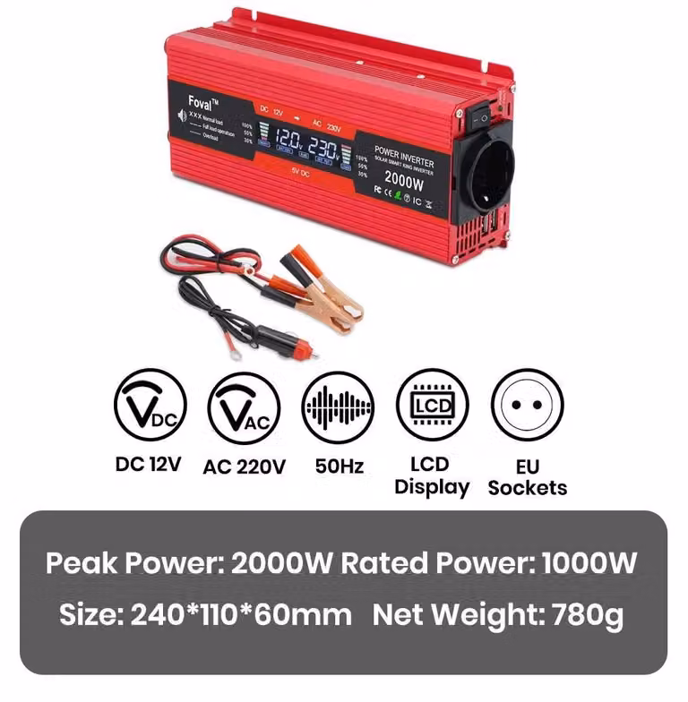 Inverter, caratteristiche di sicurezza robuste, design compatto, 2000W, 12V, colore rosso