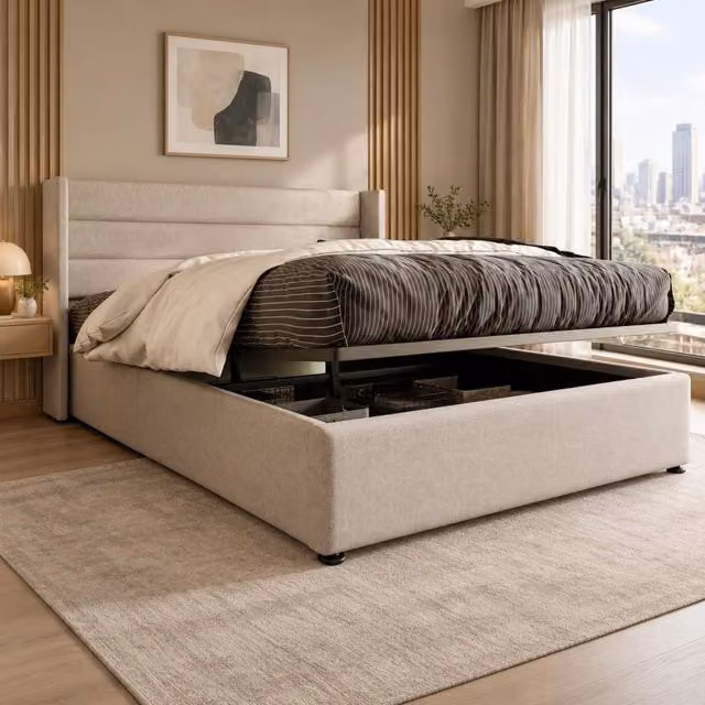 Letto matrimoniale contenitore 160 × 200 cm in lino beige con testiera imbottita e rete a doghe idraulica
