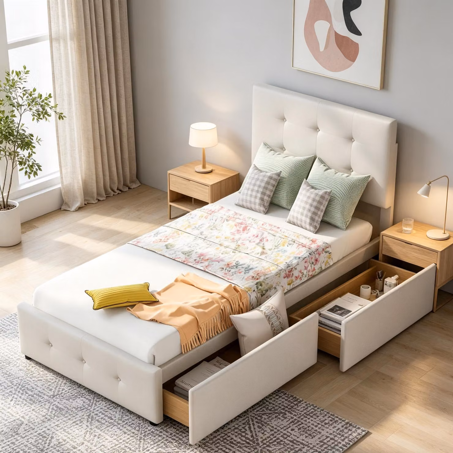 Letto imbottito INONEFT, 90x200 cm, singolo, con rete a doghe, adatto come letto per bambini o ragazzi, con testiera e due cassetti, letto contenitore, letto per ospiti, rivestito in velluto, color beige