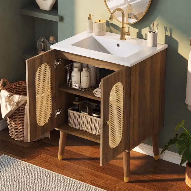 Mobile da bagno con lavabo in ceramica, ante in vimini traspiranti, spazio contenitivo, senza rubinetto, color noce