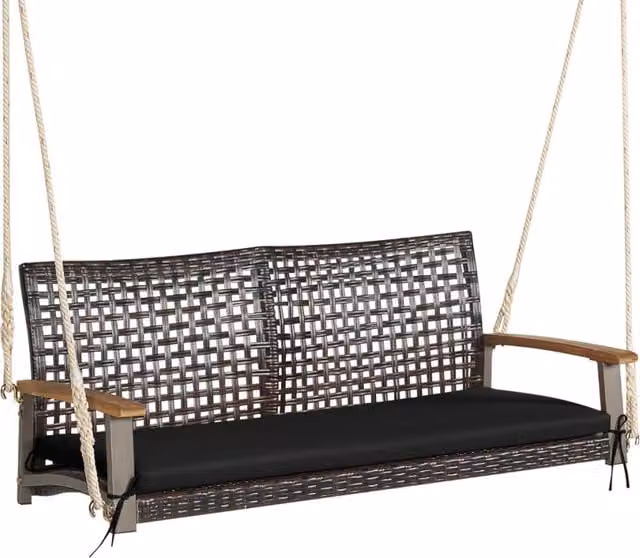 Sedia dondolo in rattan a 2 posti con cuscino e braccioli in legno di acacia, Panchina dondolo in vimini Nero