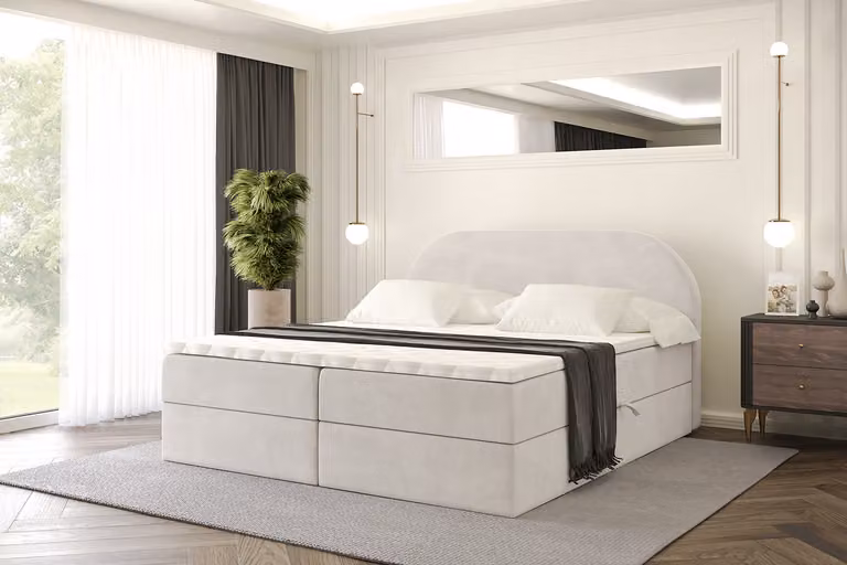 Letto boxspring ALTDECOR con materasso e rete a doghe, topper, letto imbottito con contenitore, letto con spazio contenitivo e materasso H3, letto matrimoniale, letto a cassettoni - NOX - 140x200 - Beige Casablanca