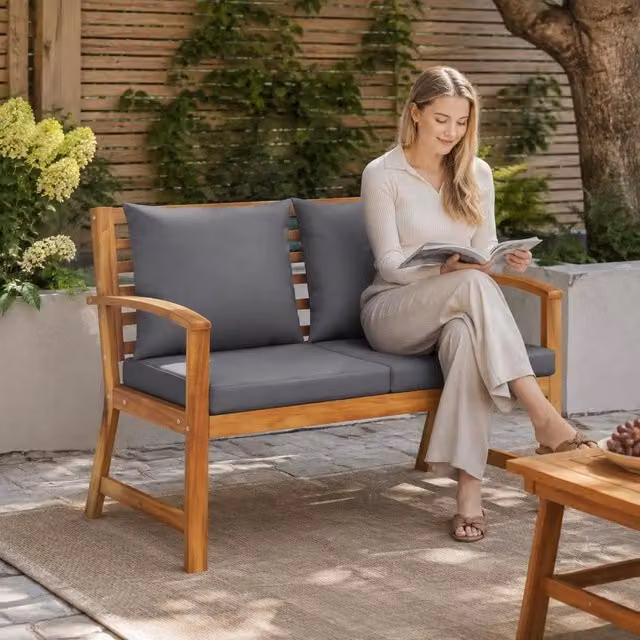 Garden Bench 114.5 Cm With Dark Grey Cushions, Solid Acacia Wood