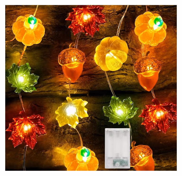 Catena luminosa da 5 metri, con 50 LED, decorazione autunnale con zucche e acero