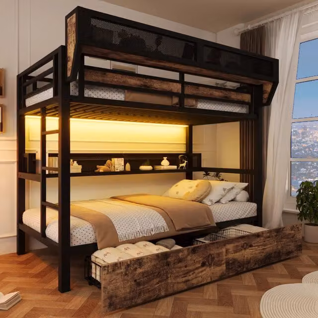 Letto a castello 90 x 200 cm; struttura in ferro; ripiano; cesto contenitore; 2 cassetti in ferro; illuminazione LED; nero