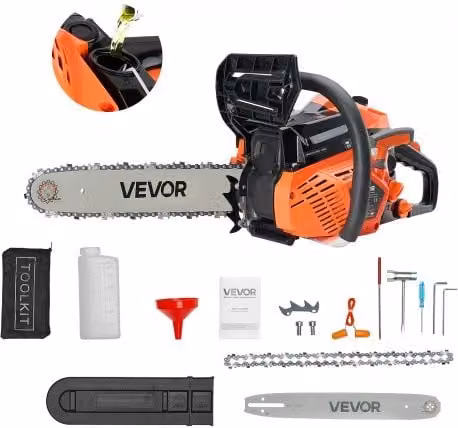 Motosega a Gas VEVOR da 40 cc con Motore a Scoppio da 1,8 CV, Barra da 355 mm, Impugnatura Antiscivolo e Doppio Serbatoio, Arancione Nero