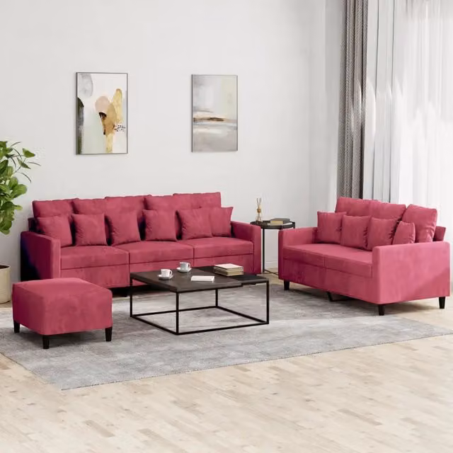 Set di divani vidaXL in velluto rosso composto da divano a 3 posti, divano a 2 posti e pouf con cuscini inclusi – 1