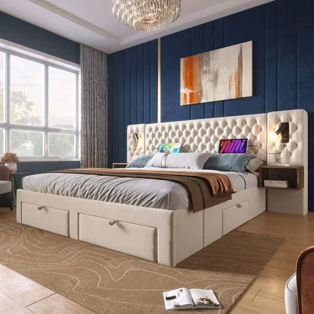 Letto matrimoniale 160x200 imbottito in velluto beige con comodini; 4 cassetti; luci LED e ricarica USB Tipo C