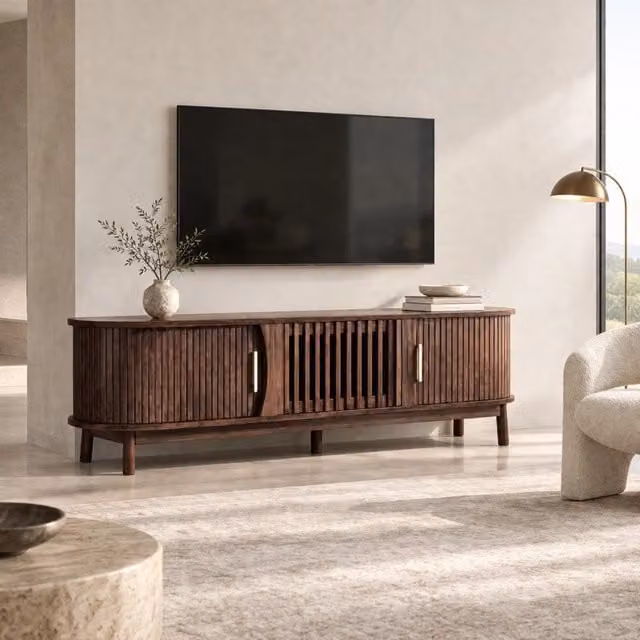 Mobile TV Mivray marrone con ante scorrevoli e anta ribaltabile, 3 vani per TV fino a 65 pollici, L: 165 cm, P: 39.5 cm, H: 46 cm
