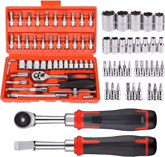 Set di chiavi a bussola con inserti e prolunghe - Kit di attrezzi per la riparazione auto - Set da 46 pezzi - Metallo - Universale