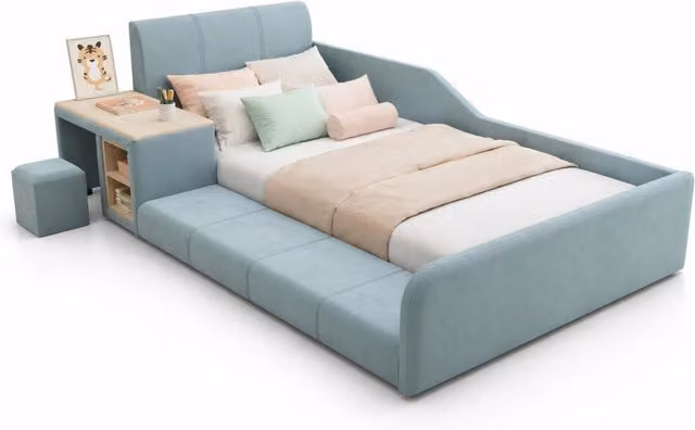 Letto singolo bambino 90x200 in velluto blu con scrivania laterale， senza materasso