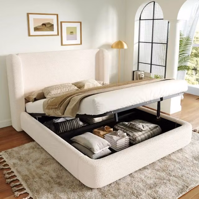 Letto contenitore 160x200 cm beige in bouclé, rete a doghe e testiera