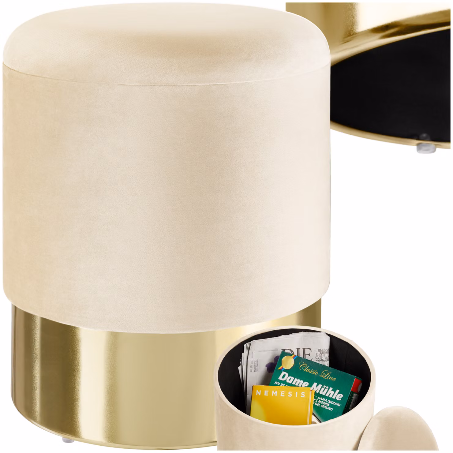 Sgabello Sarina tectake in velluto beige con struttura in metallo e seduta cilindrica L/P/H: 44.5 x 36.0 x 44.5 cm