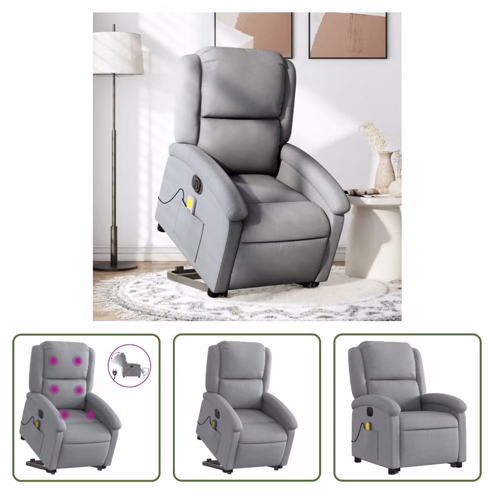 The Living Store Poltrona massaggiante elettrica con ausilio per la posizione eretta Tessuto grigio chiaro