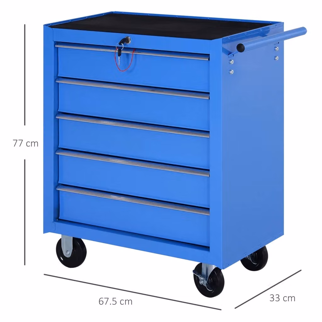 Carrello porta utensili WISHDOR in acciaio con 5 cassetti chiudibili e ruote, blu, L: 77 cm, P: 44 cm, H: 85 cm – 2