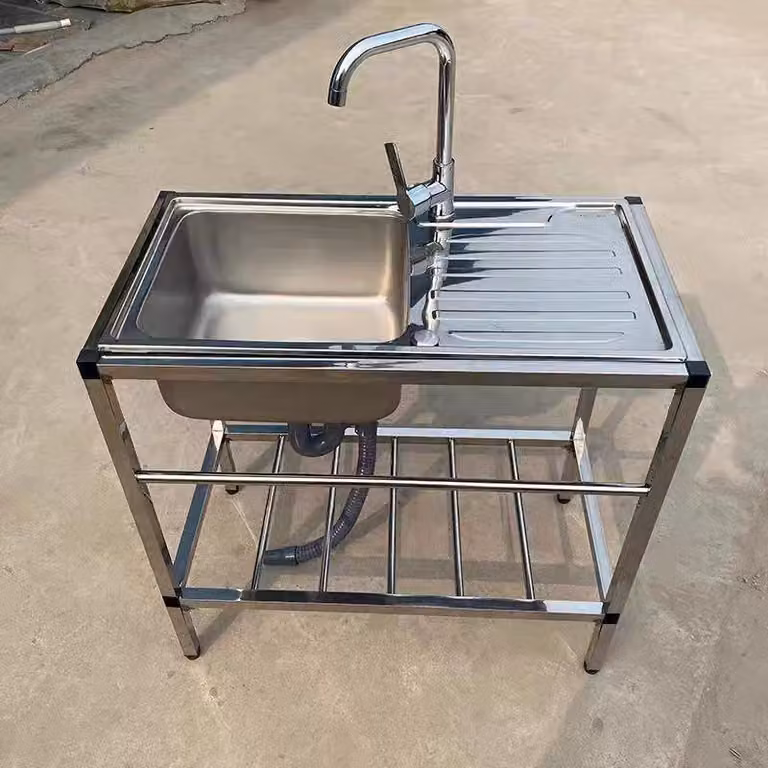 Lavello da cucina color avorio - Acciaio inossidabile 201 - Autoportante - Rettangolare - Con rubinetto e scarico