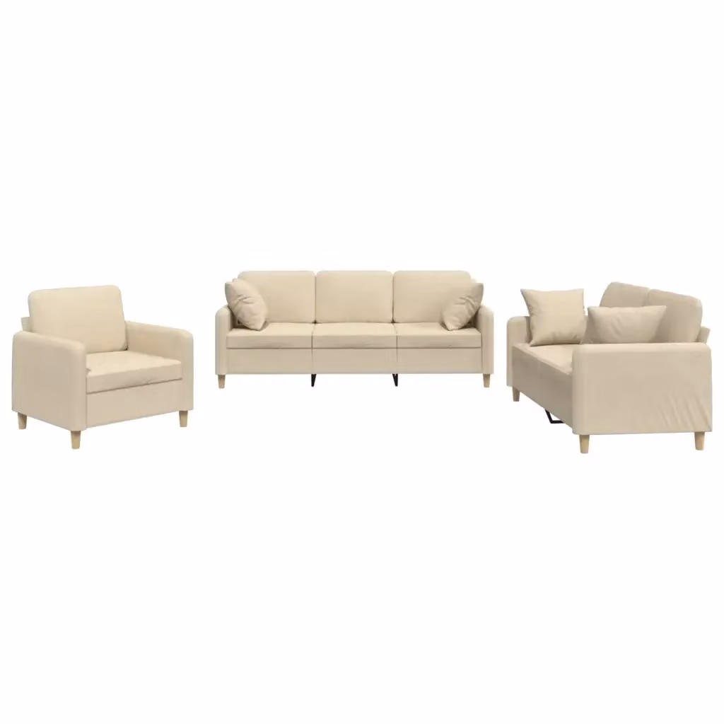 Set di Divani 3 Pezzi vidaXL in Tessuto Beige con Cuscini per Soggiorno Moderno – 2