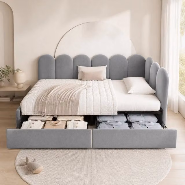 Letto singolo imbottito in velluto grigio 90x190 cm con cassetti salvaspazio e rete a doghe, senza materasso